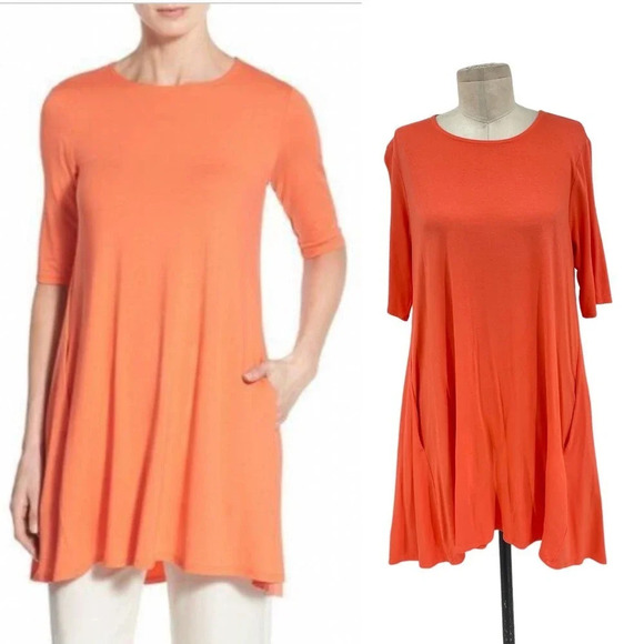 Eileen Fisher Tops - Eileen Fisher Orange Coral‎ Short Sleeve Hi-Lo Swing Tunic Top Size Medium